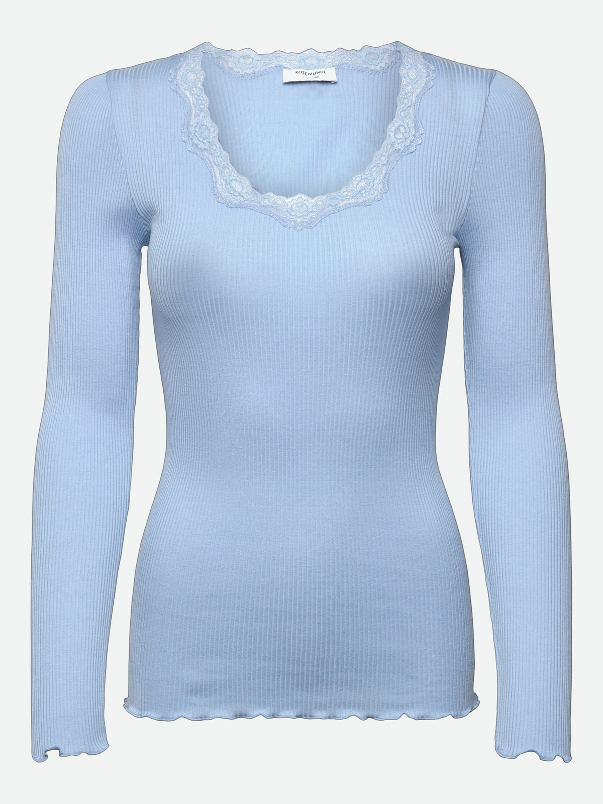 RWBabette silke-T-shirt med lang erme, U-hals og blonder