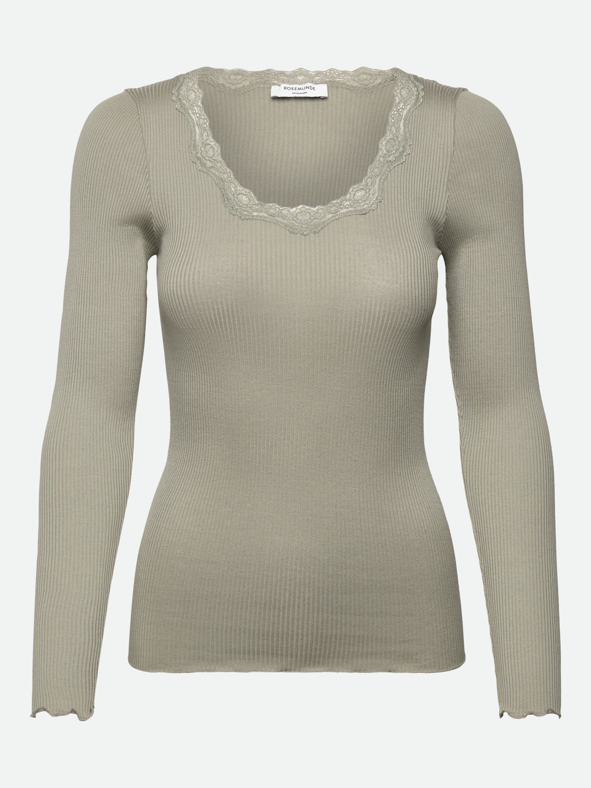 RWBabette silke-T-shirt med lang erme, U-hals og blonder