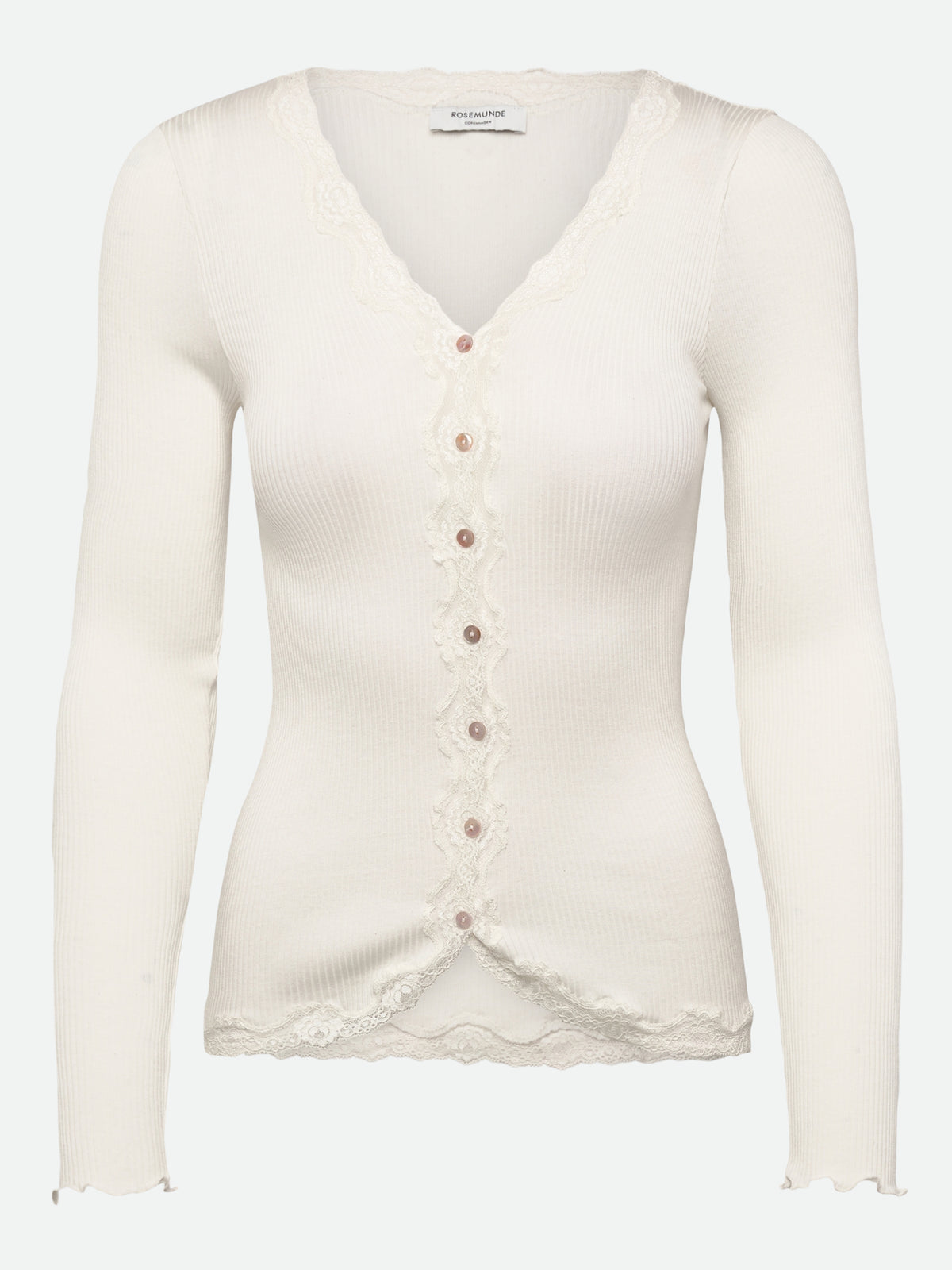 RWBabette silke-cardigan med lang erme, V-hals og blonder