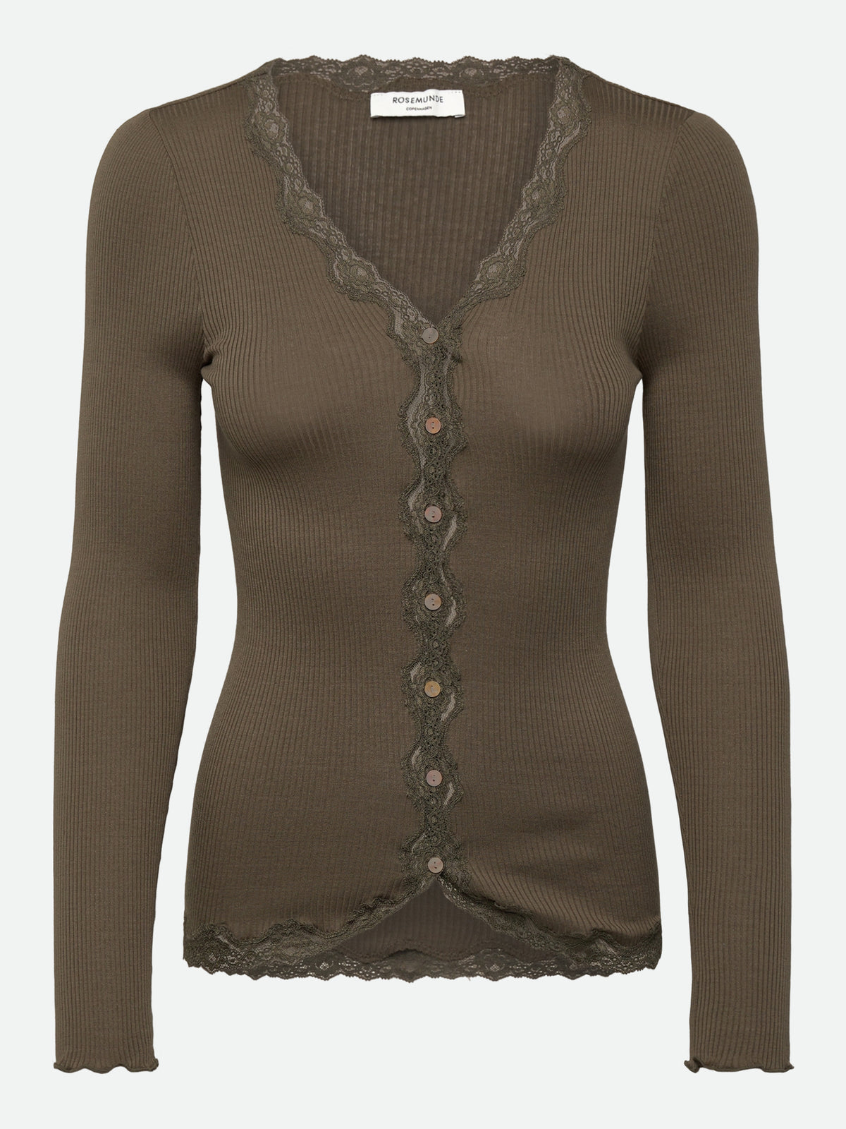 RWBabette silke-cardigan med lang erme, V-hals og blonder