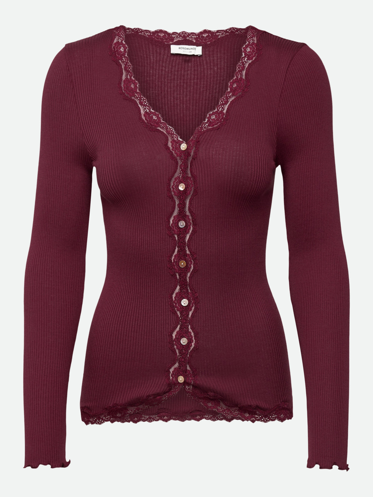 RWBabette silke-cardigan med lang erme, V-hals og blonder