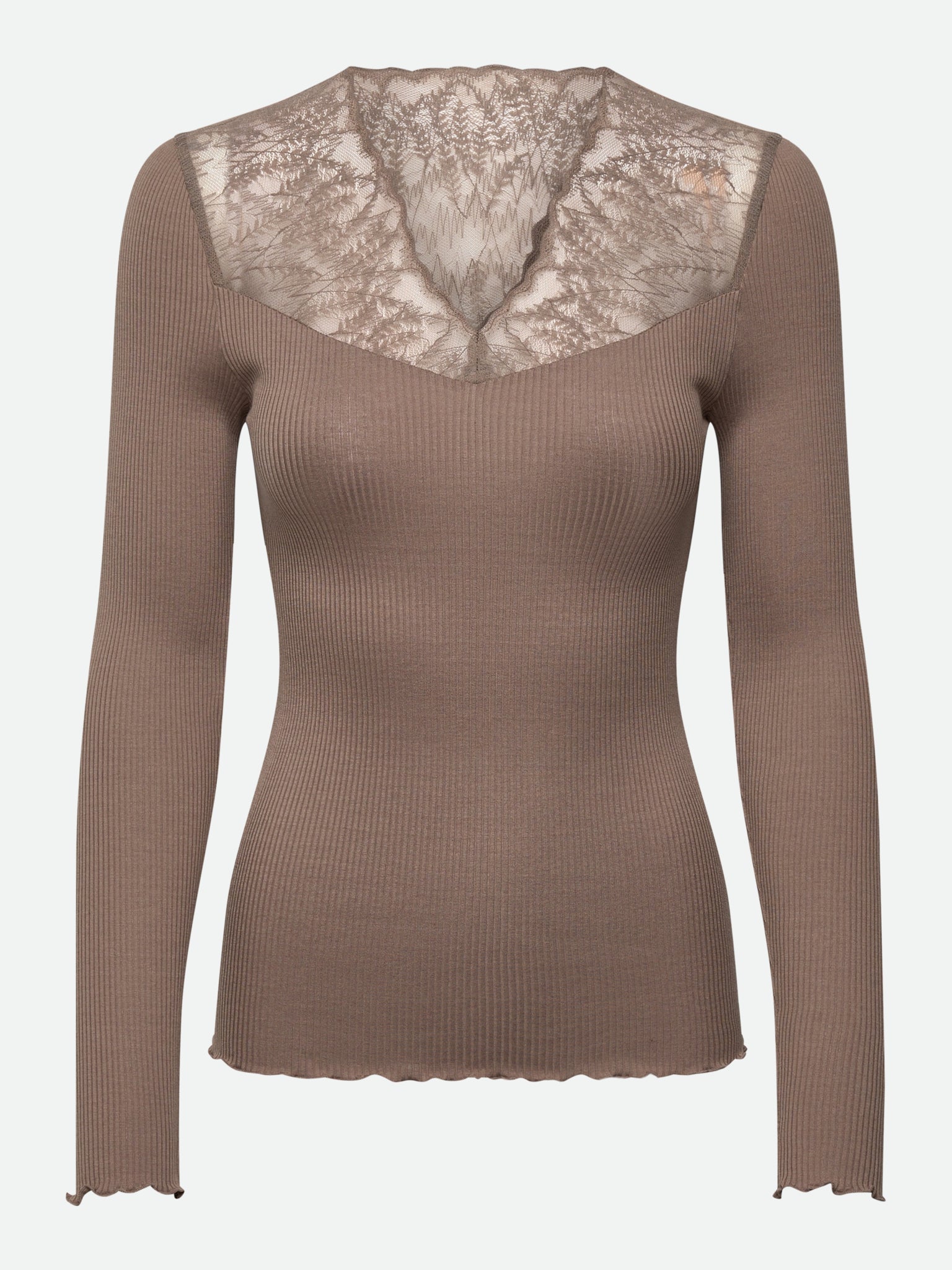 RWBeatha Silk Long Sleeve V-neck Half Lace T-shirt T-SHIRT LS Rosemunde Woman XS walnut