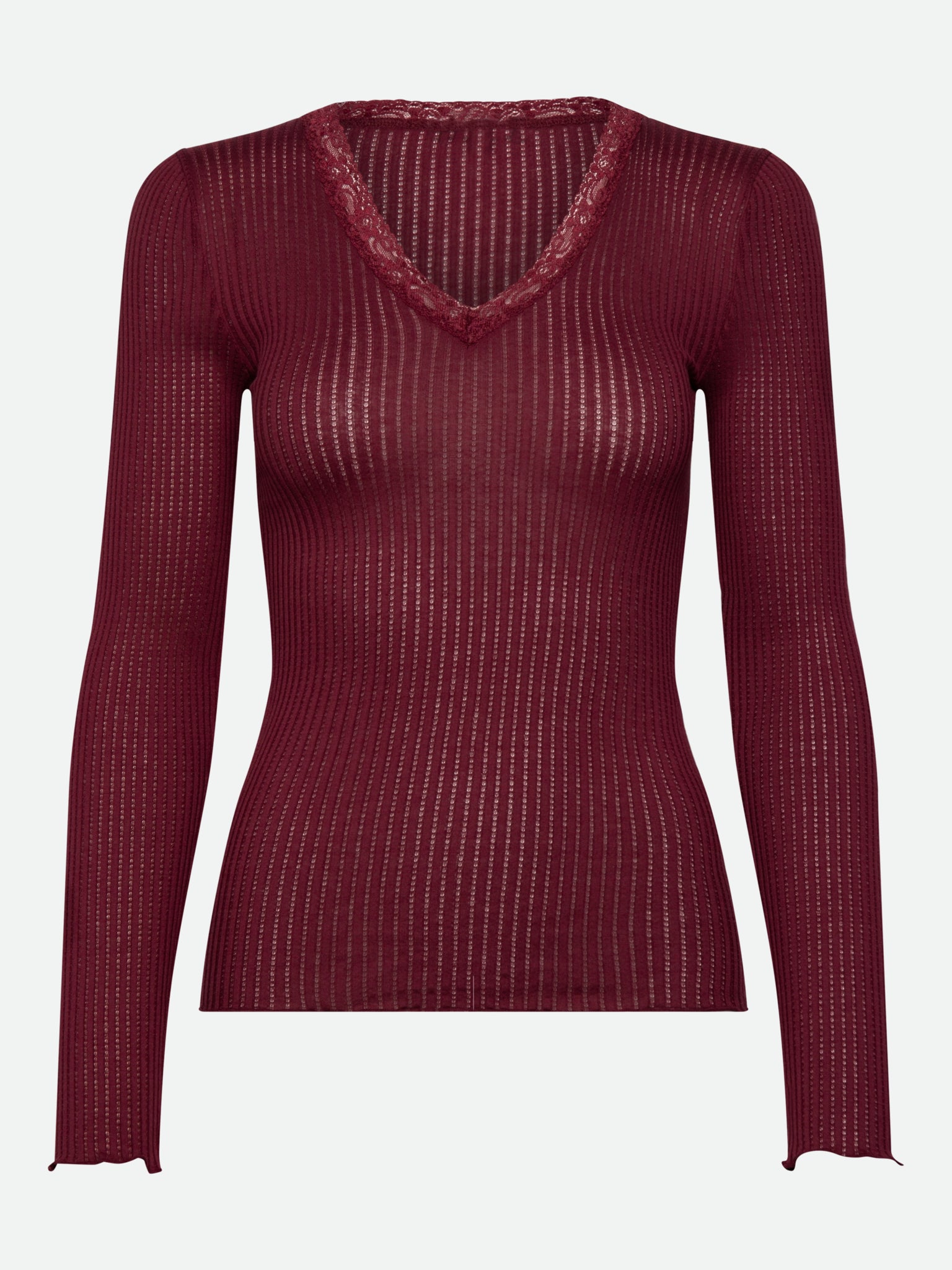 RWBelize Silk Long Sleeve V-neck Lace T-shirt T-SHIRT LS Rosemunde Woman XS Windsor wine