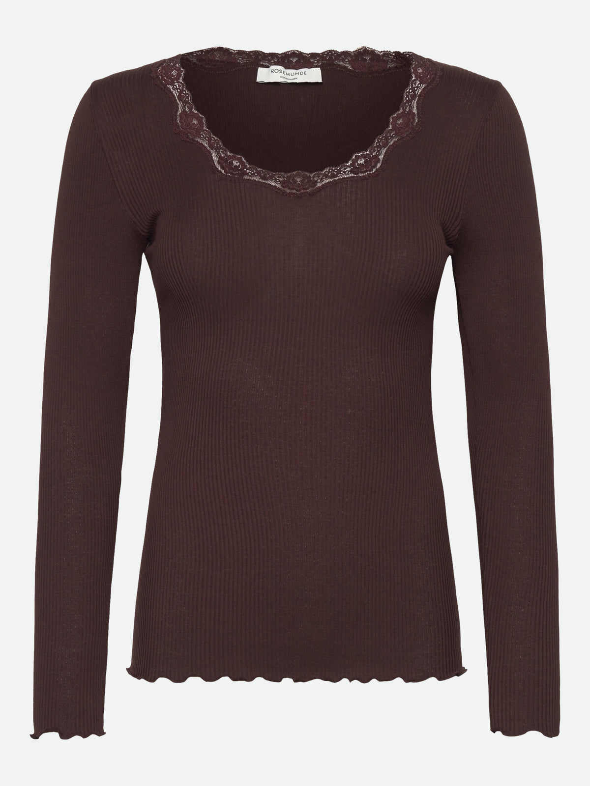 RWBabette silke-T-shirt med lang erme, U-hals og blonder