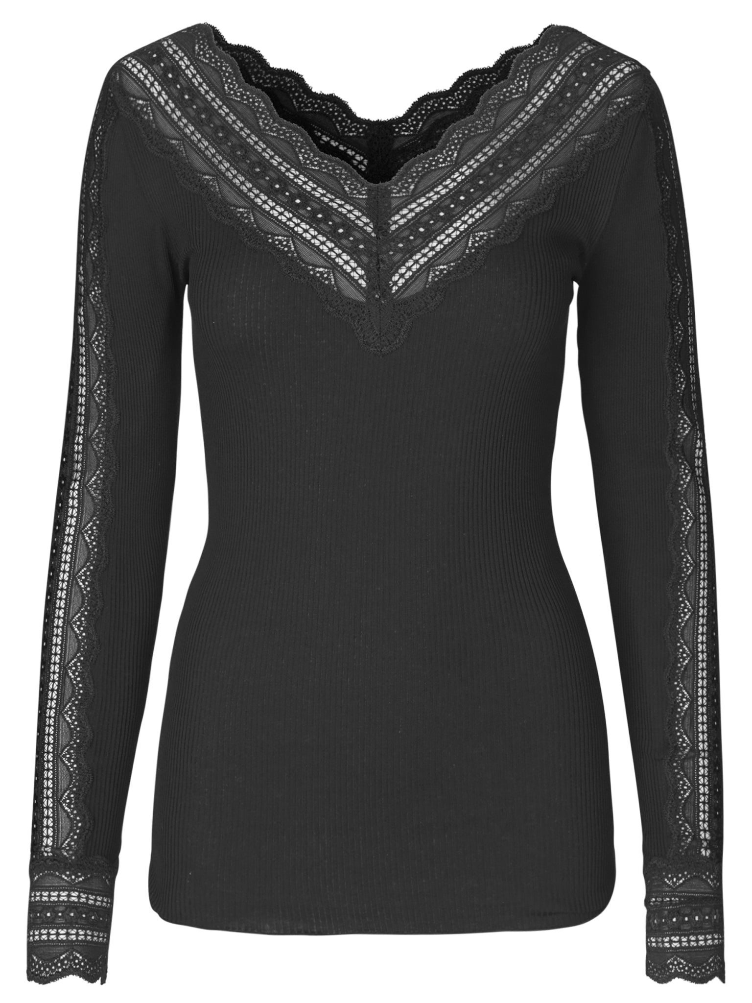RWBenita Silk Long Sleeve T-neck Lace T-Shirt T-SHIRT LS Rosemunde Woman XS black