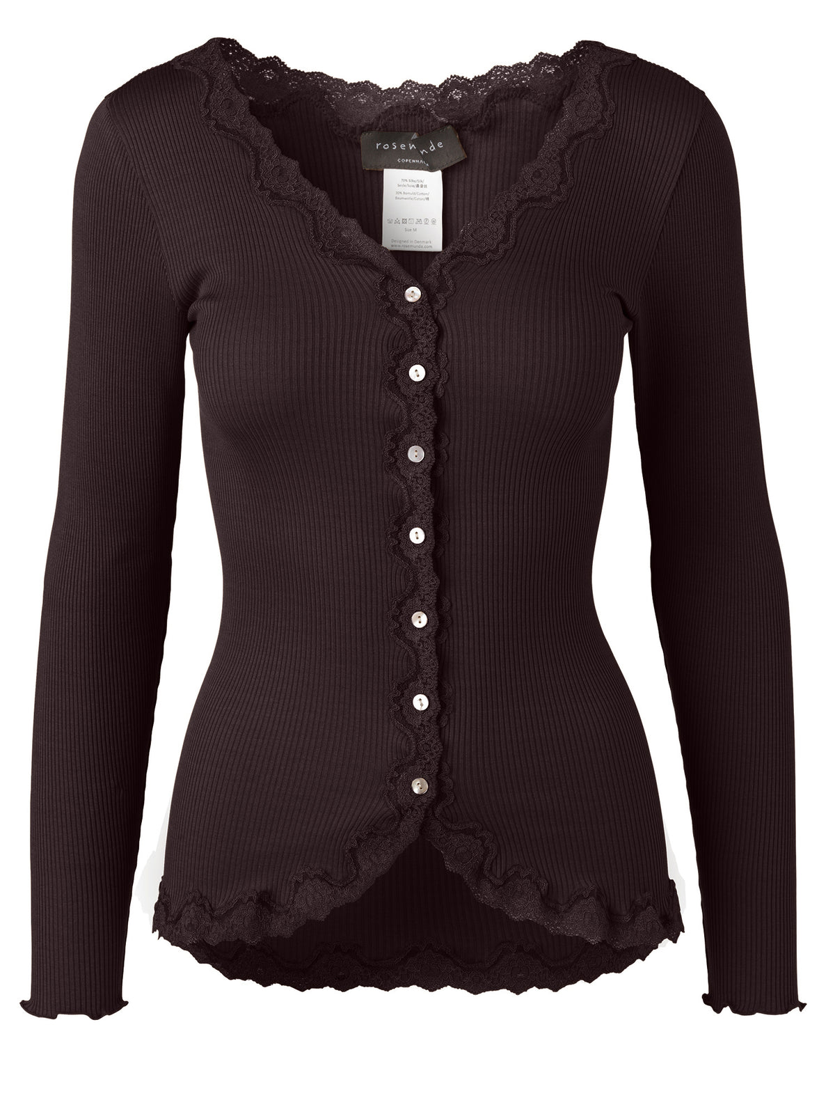 RWBabette silke-cardigan med lang erme, V-hals og blonder