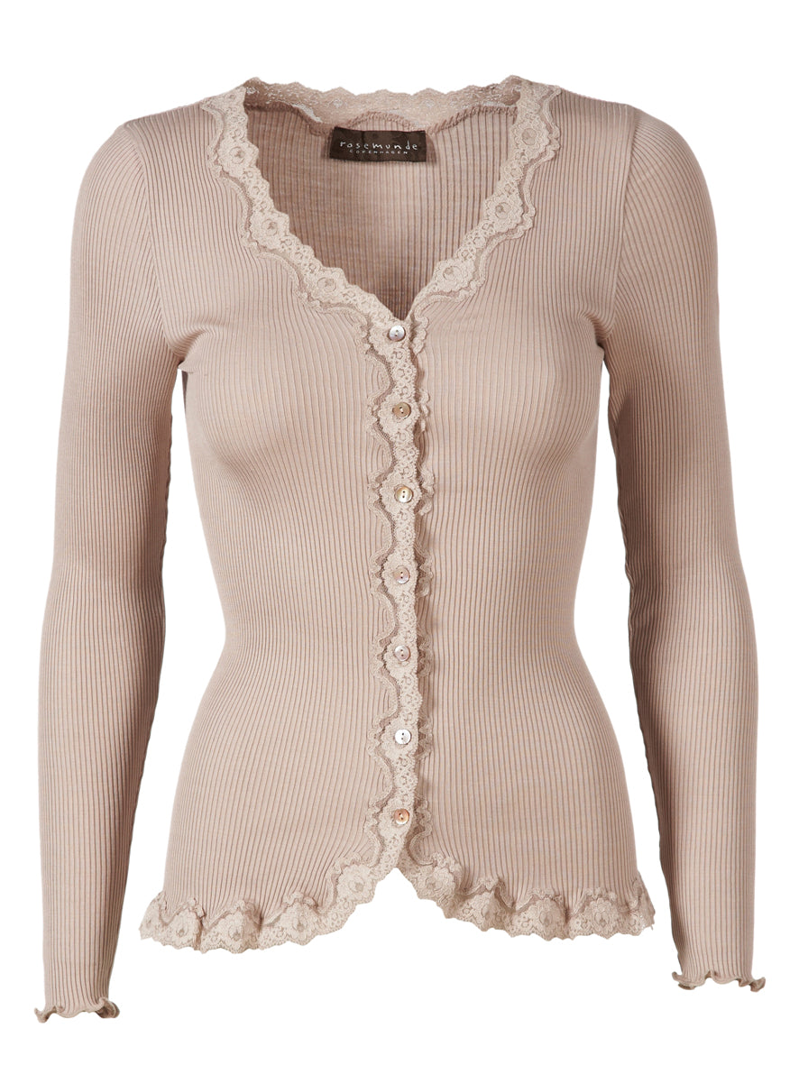 RWBabette silke-cardigan med lang erme, V-hals og blonder