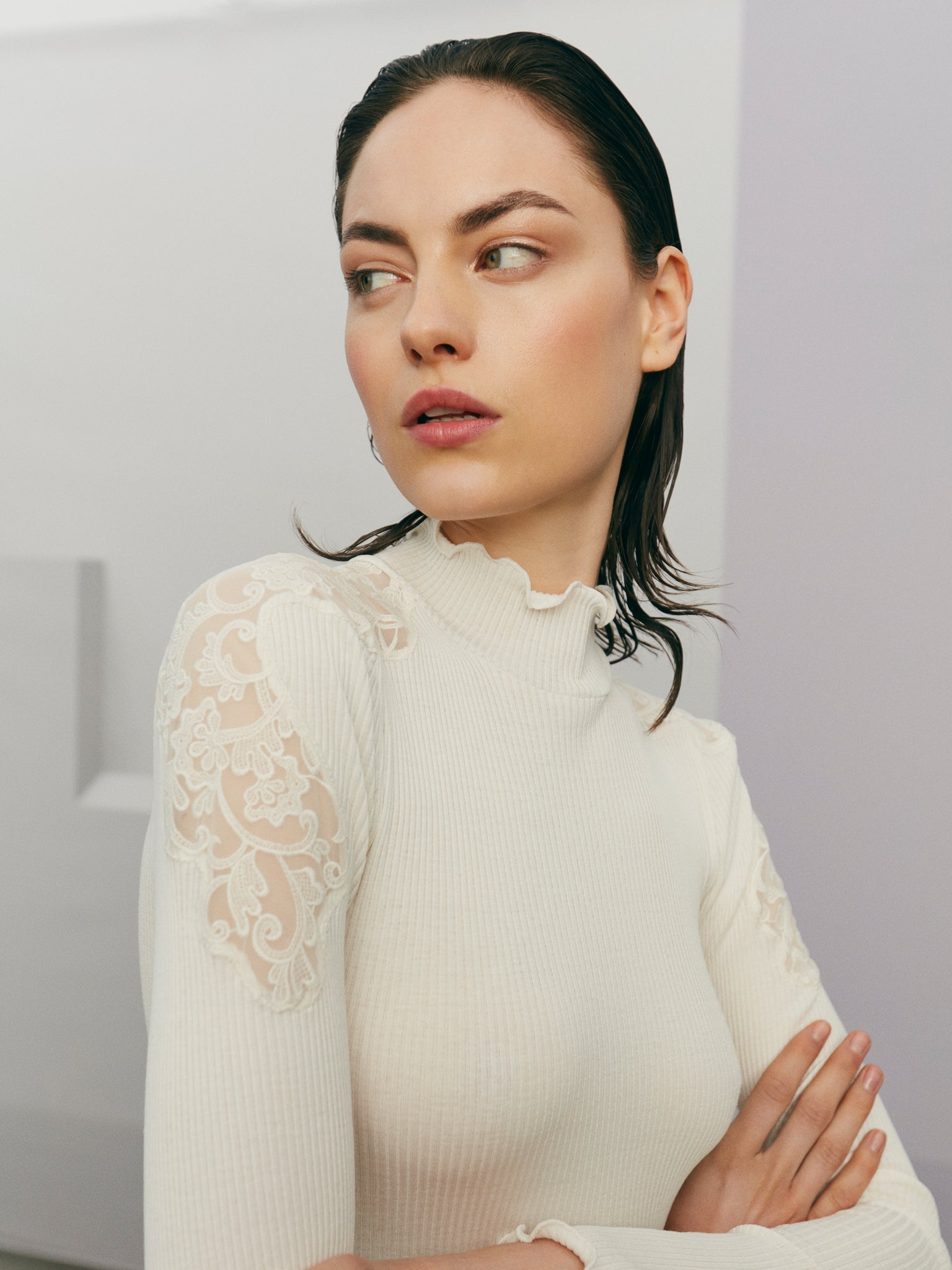 Lace turtleneck clearance blouse