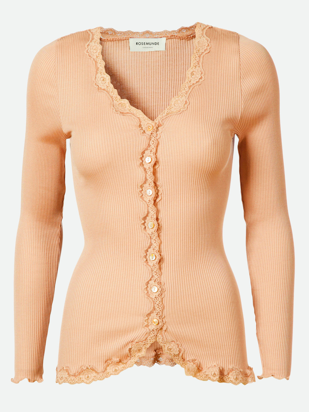 RWBabette silke-cardigan med lang erme, V-hals og blonder