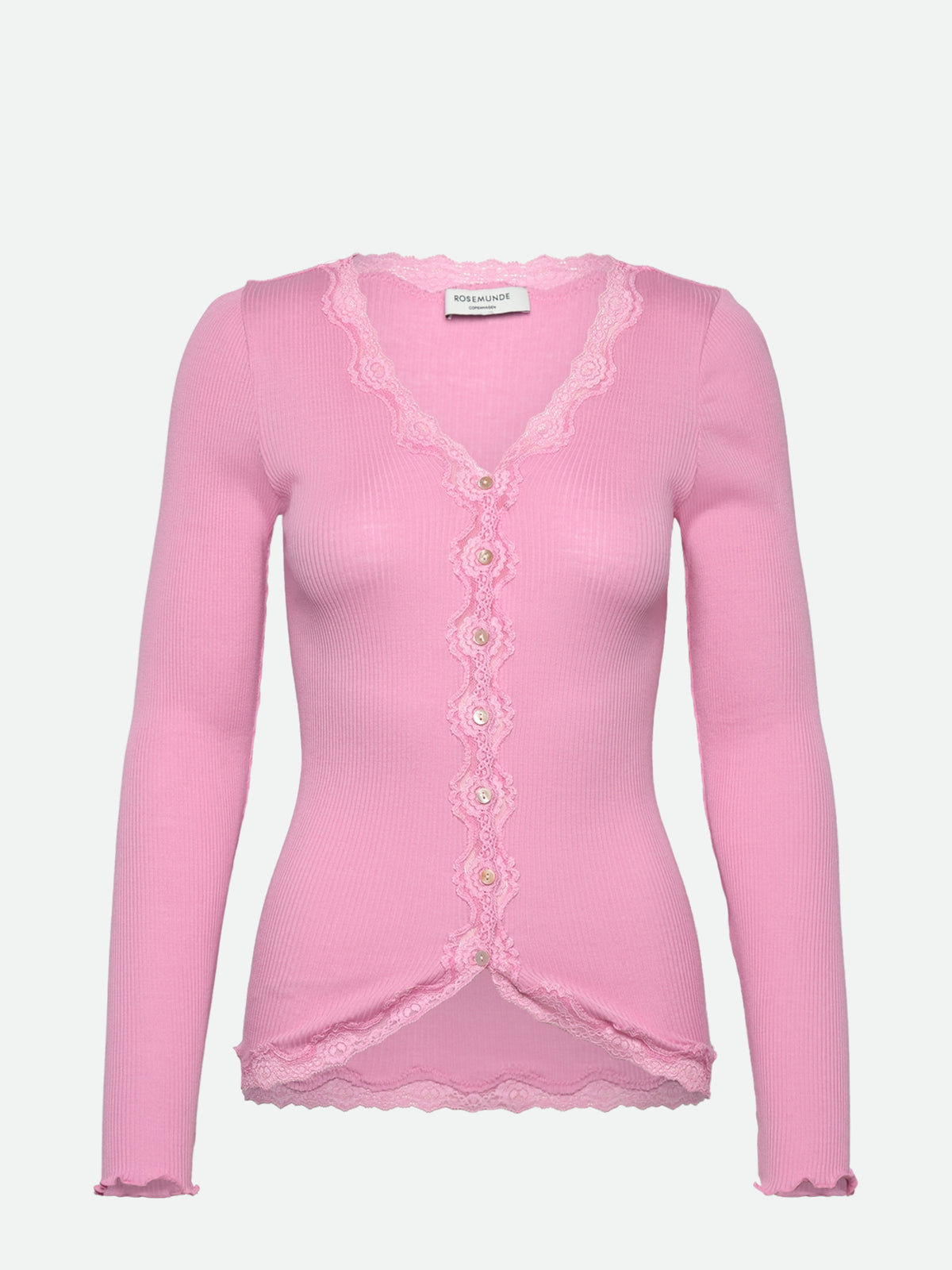 RWBabette silke-cardigan med lang erme, V-hals og blonder