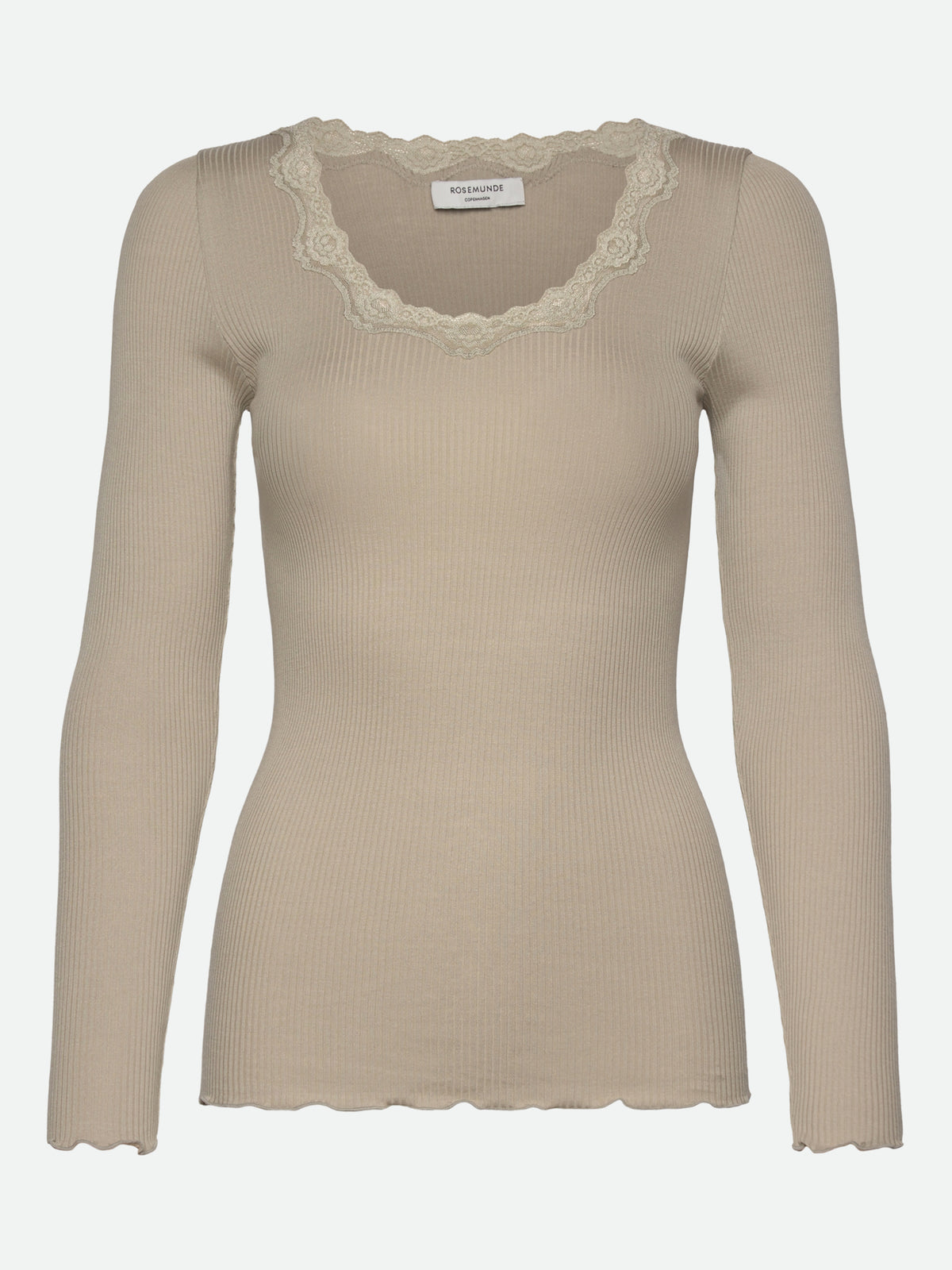 RWBabette silke-T-shirt med lang erme, U-hals og blonder