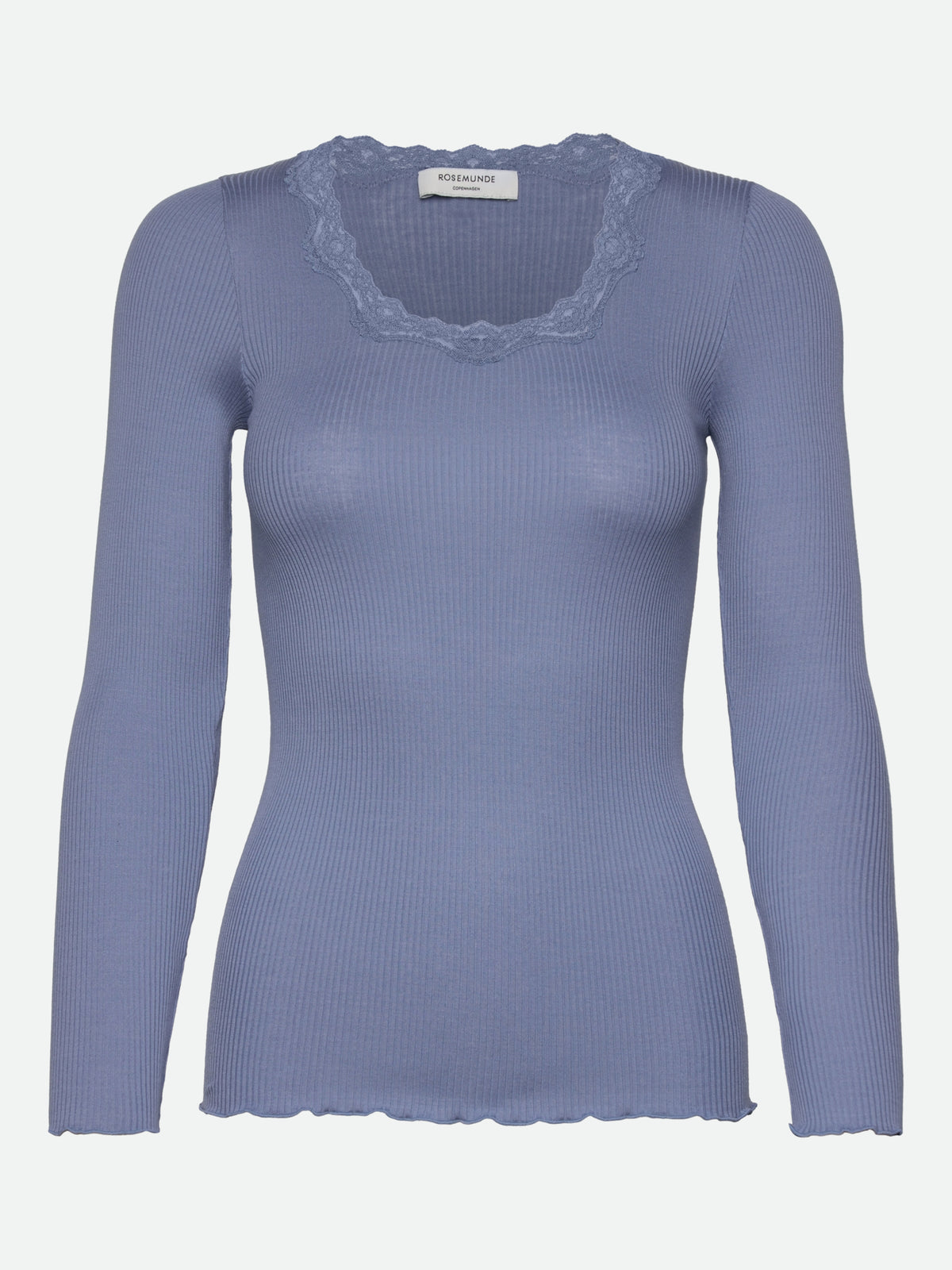 RWBabette silke-T-shirt med lang erme, U-hals og blonder