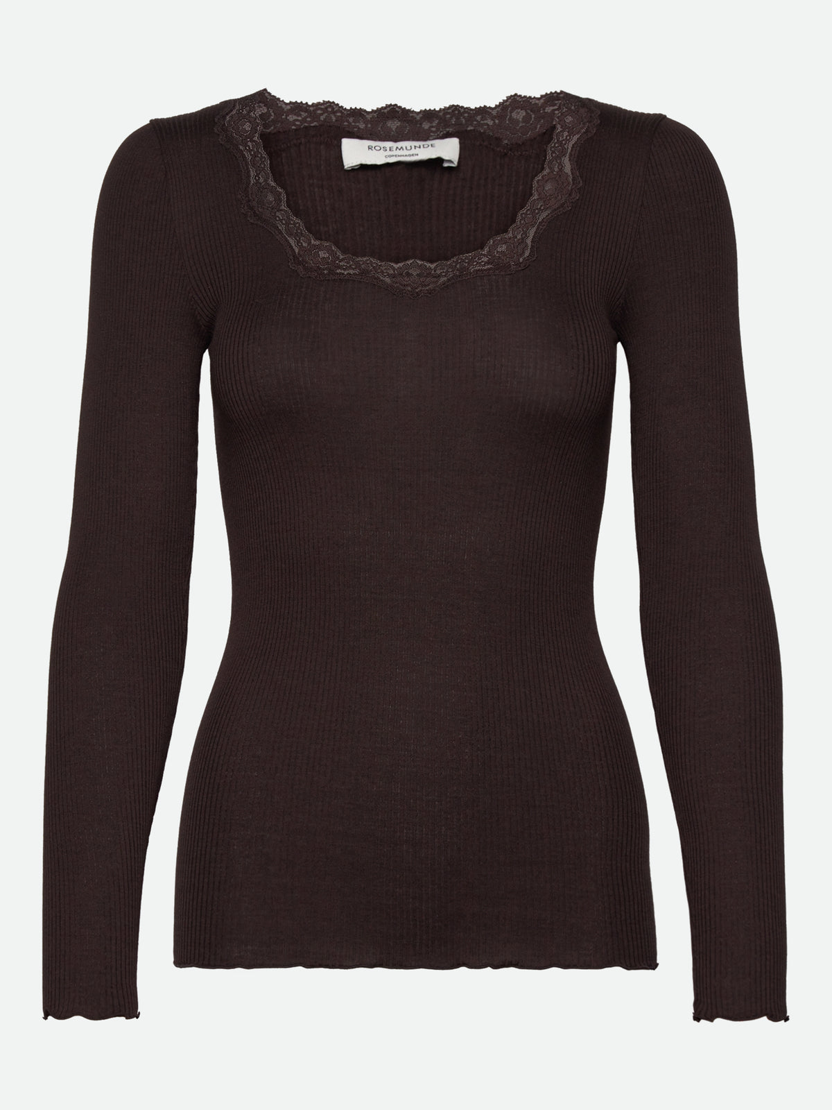 RWBabette silke-T-shirt med lang erme, U-hals og blonder