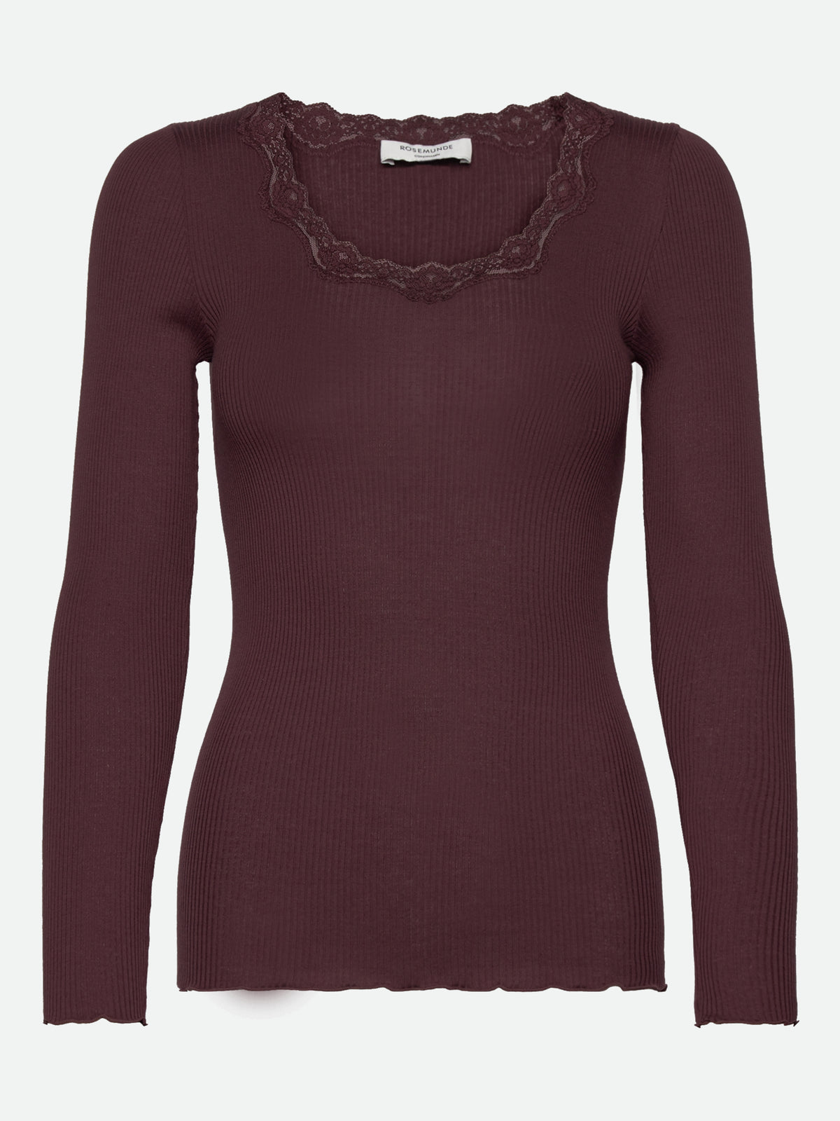 RWBabette silke-T-shirt med lang erme, U-hals og blonder