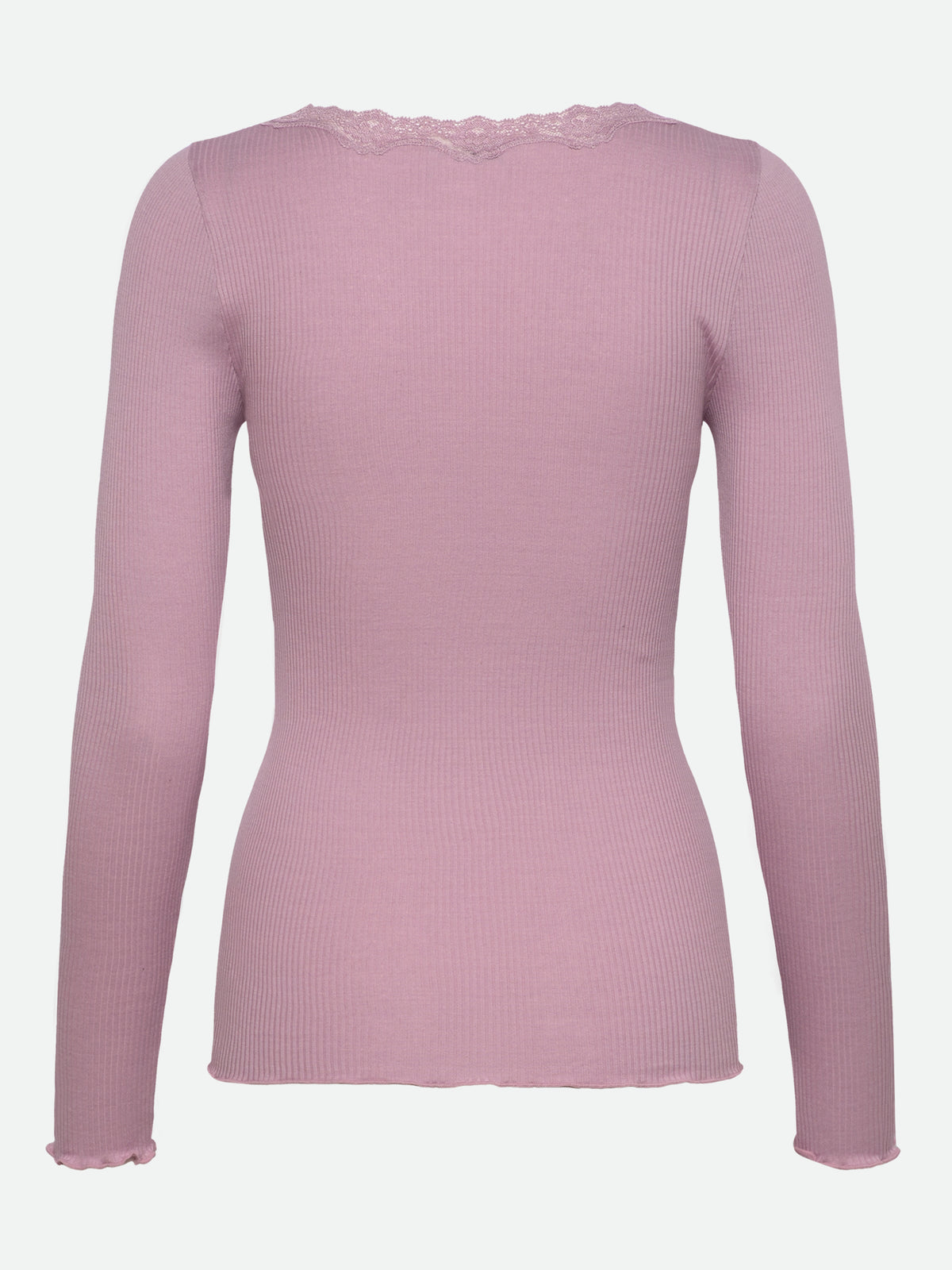 RWBabette silke-T-shirt med lang erme, U-hals og blonder
