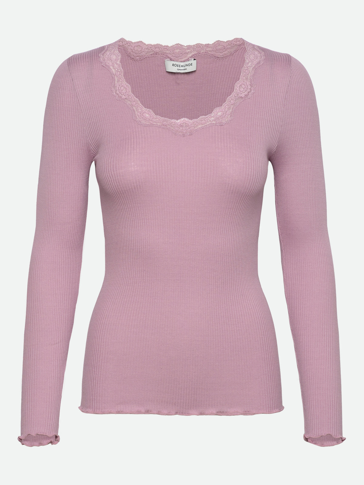 RWBabette silke-T-shirt med lang erme, U-hals og blonder