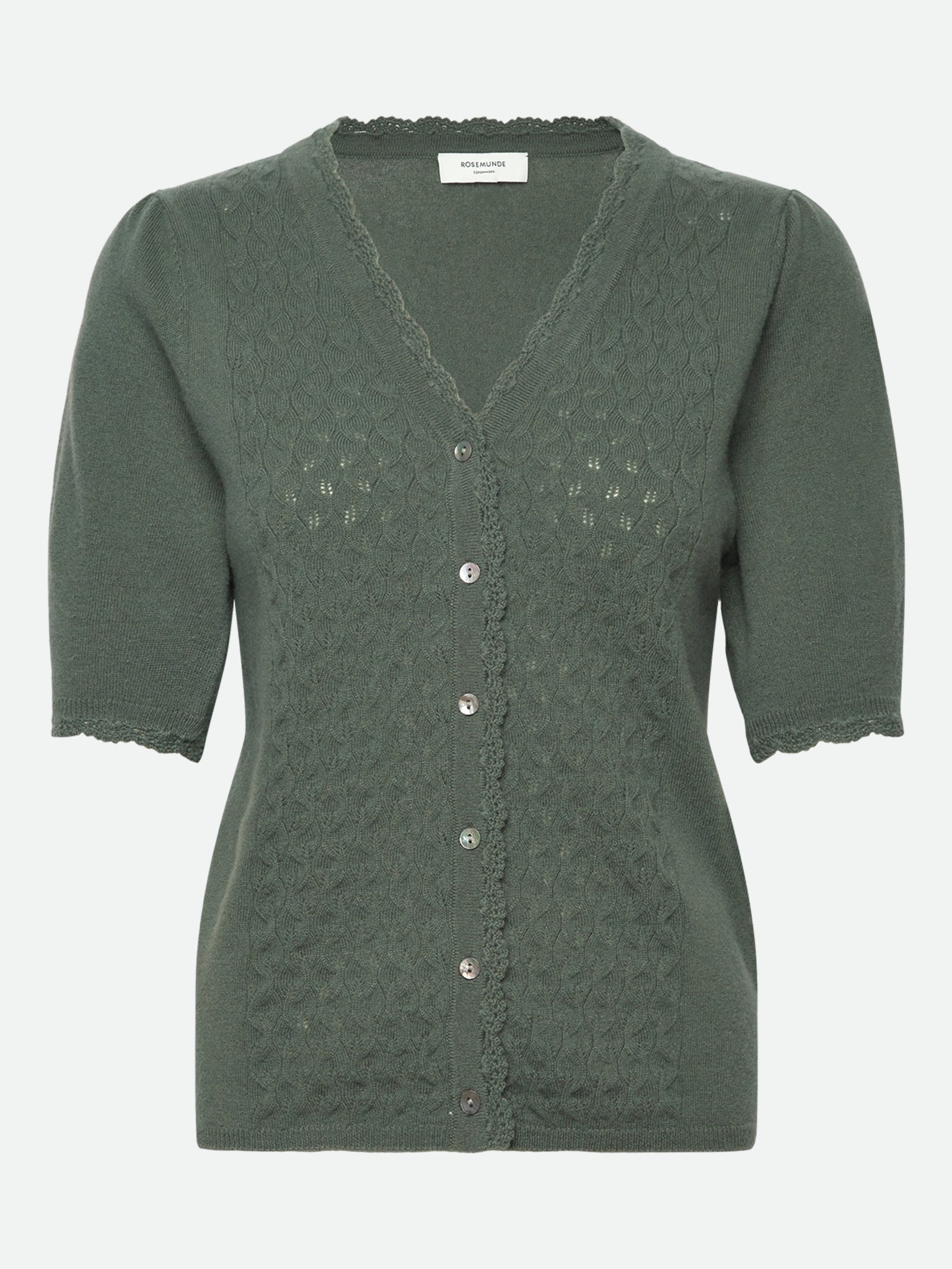 RWLaica Cashmere Crochet SS V-neck Cardigan CARDIGAN Rosemunde Woman XS balsam green