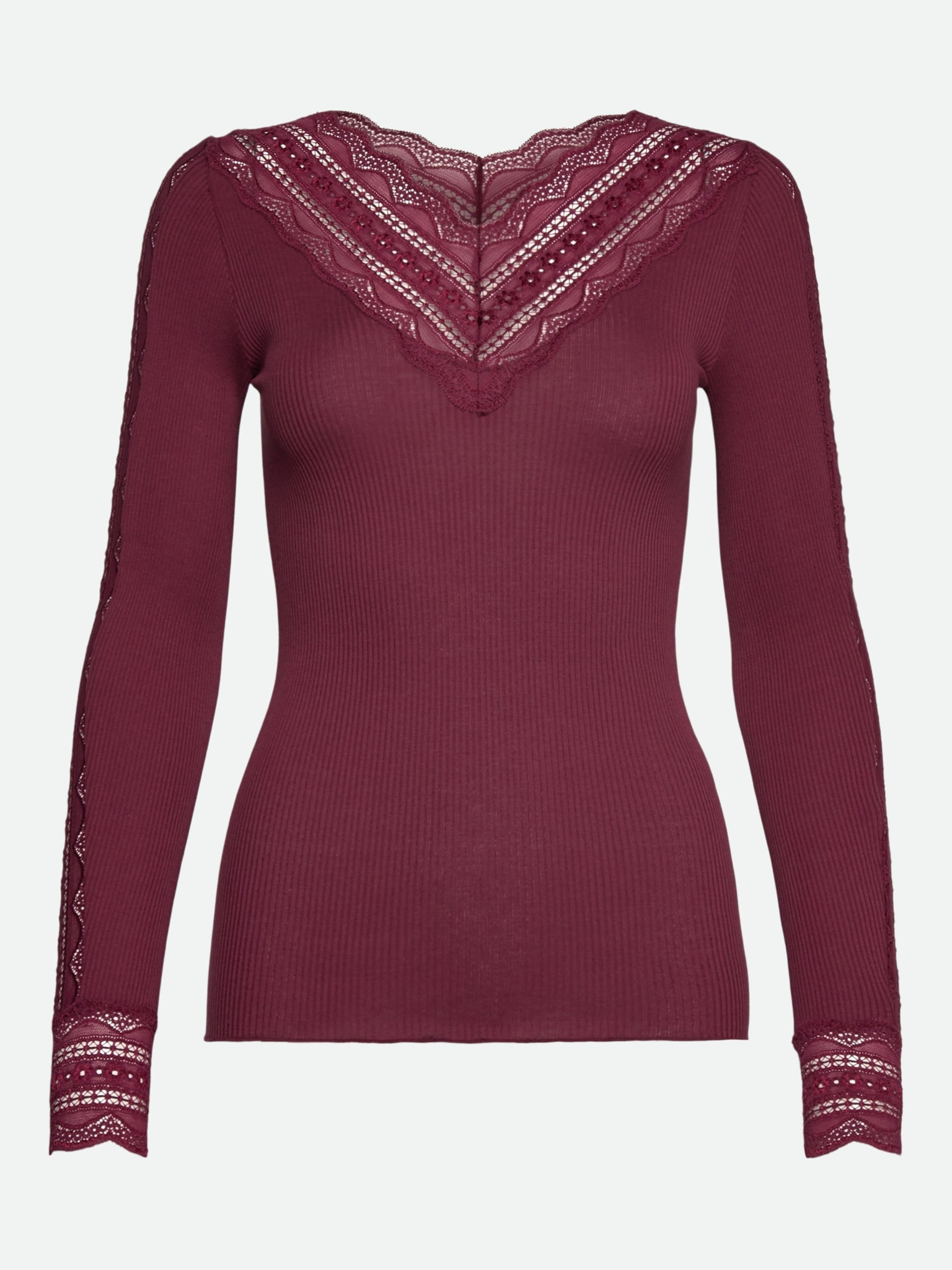 RWBenita Silk Long Sleeve T-neck Lace T-Shirt T-SHIRT LS Rosemunde Woman XS Windsor wine