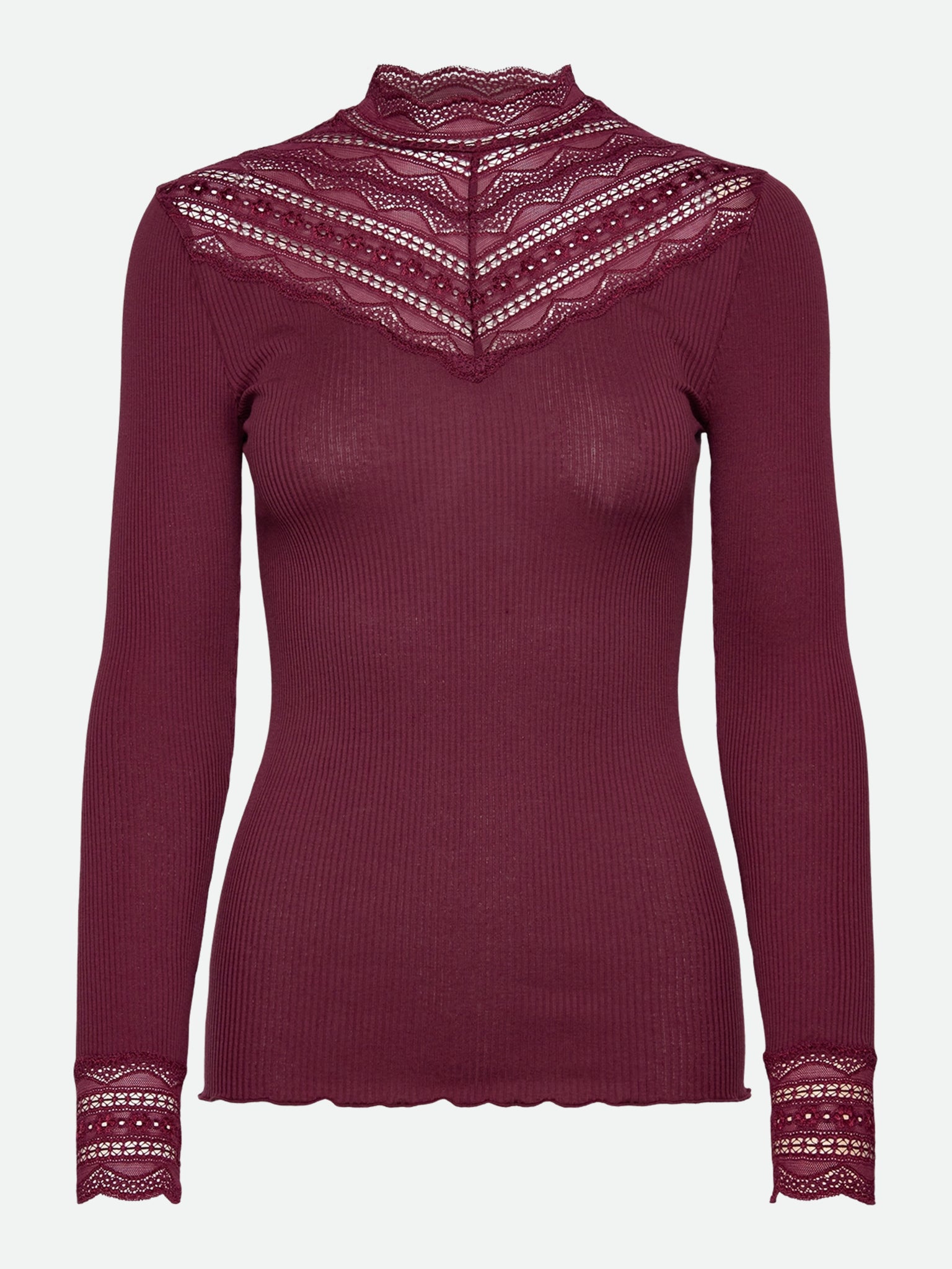 RWBenita Silk Long Sleeve Lace T-neck T-shirt T-SHIRT LS Rosemunde Woman XS Windsor wine