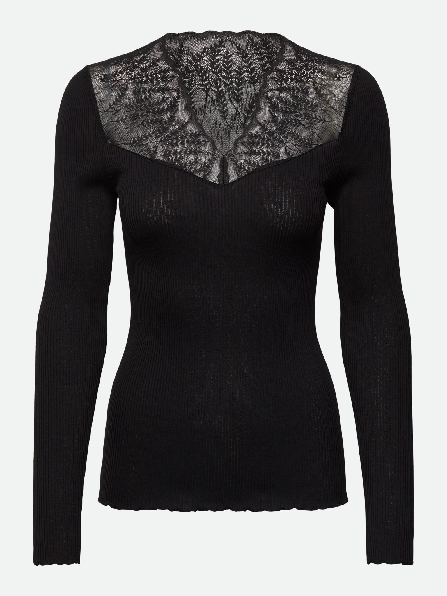 RWBeatha Silk Long Sleeve V-neck Half Lace T-shirt T-SHIRT LS Rosemunde Woman XS black