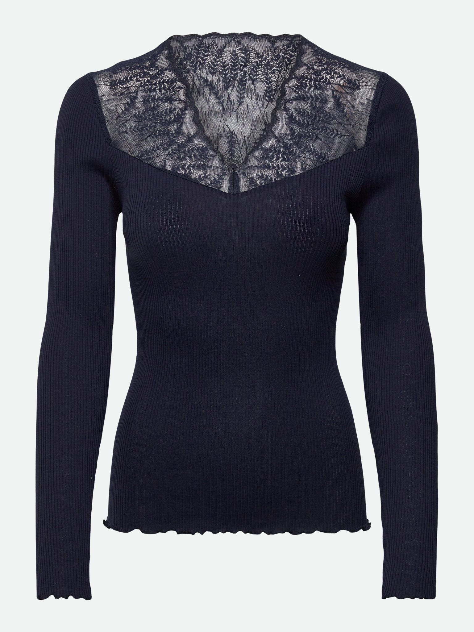 RWBeatha Silk Long Sleeve V-neck Half Lace T-shirt T-SHIRT LS Rosemunde Woman XS navy