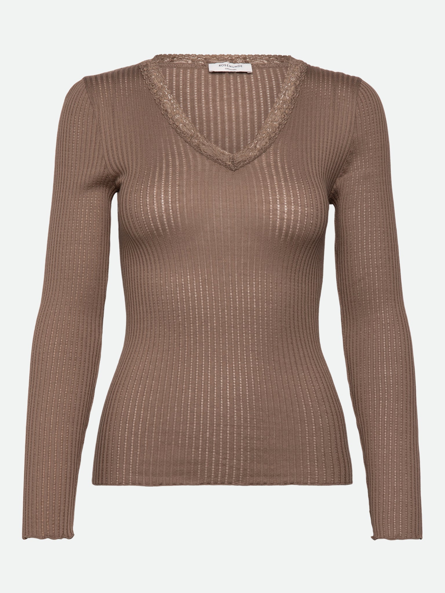 RWBelize Silk Long Sleeve V-neck Lace T-shirt T-SHIRT LS Rosemunde Woman XS walnut