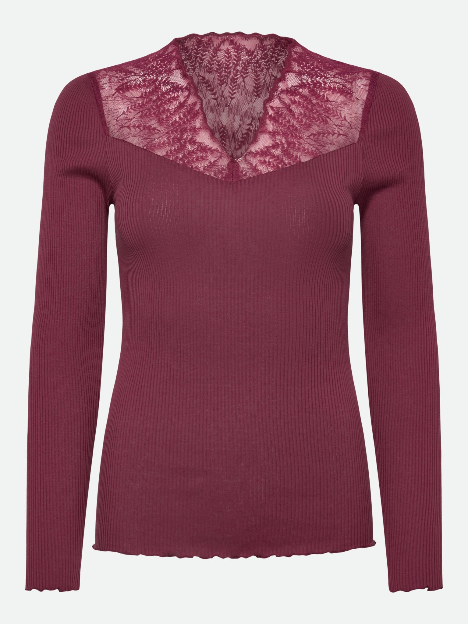 RWBeatha Silk Long Sleeve V-neck Half Lace T-shirt T-SHIRT LS Rosemunde Woman XS Windsor wine