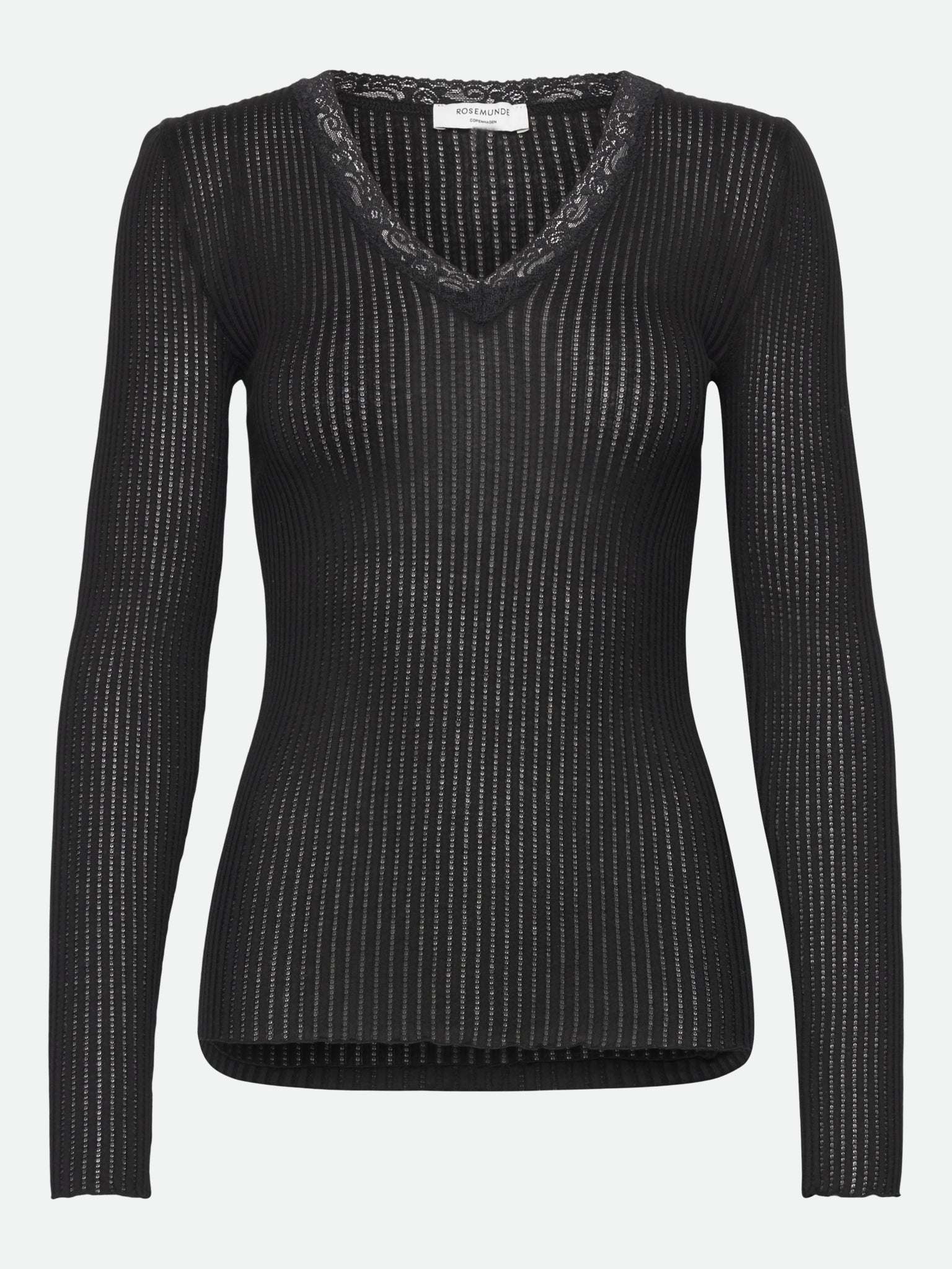RWBelize Silk Long Sleeve V-neck Lace T-shirt T-SHIRT LS Rosemunde Woman XS black