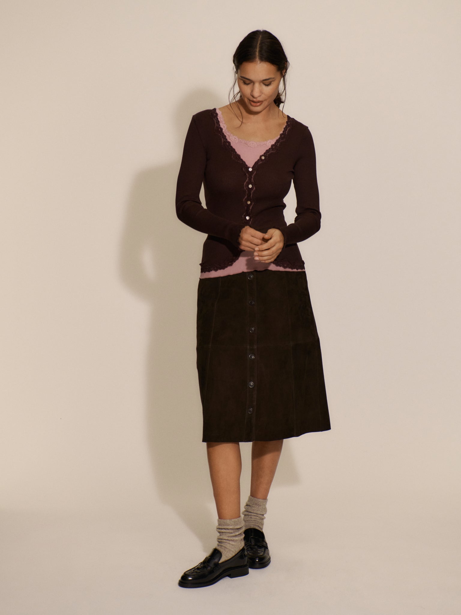 RWBabette Silk Long Sleeve V-neck Lace Cardigan
